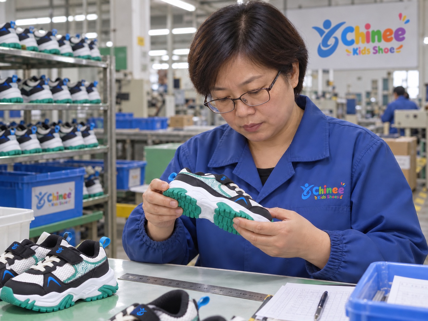 Quality Inspection — Chinee Kids Shoes manufacturing illustration