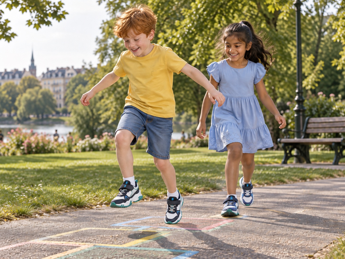 Brand lifestyle illustration of children wearing Chinee Kids Shoes outdoors