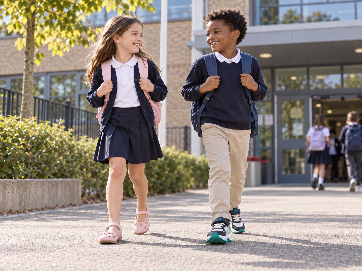 Brand lifestyle illustration of children wearing Chinee Kids Shoes on a school morning