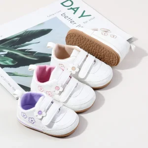 0-12 Month Baby Shoes Infant Pre Walker Shoes Unisex Casual Stylish White Sneakers with Floral Velcro Straps