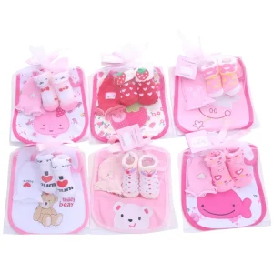 1 Bag Cotton Baby Slipper Socks + Mitten + Dental Bib Short Baby Socks Cartoon Kids Toddlers Newborn Gift Shipped Randomly