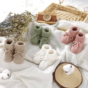 100% Cotton Baby Booties Cute Knitted Infant with Bow Knot Multi-color Options Newborn Sock Shoes for Baby Shower Gift