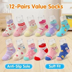 12 Pairs Per Pack Kids Cute Cartoon Floor Socks With Grips Toddler Combed Cotton Anti Slip Slipper Socks for Learning Walkers