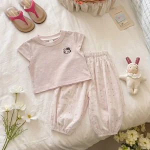 2 Piece Summer Casual Girls Outfit Set Short Sleeve Loose Harem Pants Korean Sweet Kids Daily Playwear