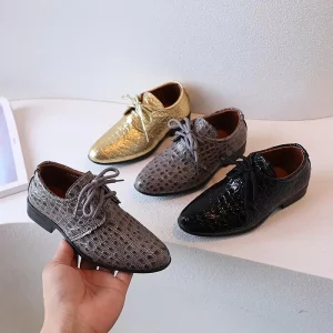 21-42 Boys’ Spring Soft Gold Embossed Leather Dress Shoes Style Lace-up Young Casual Performance Children’s Casual