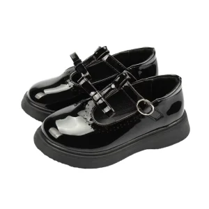 26-35 Size Princess Bow Black Leather School Shoes for Girls Winter Pupil Student Mary Jane Pumps Kids’ Dress