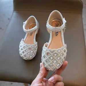 26-36 Kids Flats Sandals Girls Princess Rhinestone Party Sandals Children’s Leather Hollow Out Beach Shoes