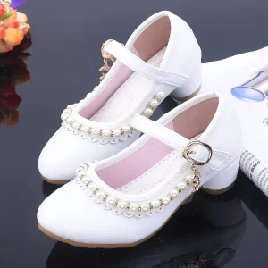 26 37 Size White Little Girls High Heels Children’s Princess Shoes Dress Leather Sole Performance Dance Shoes