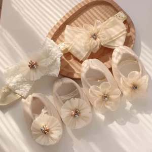 2pcs Set Fashion Sweet Pearl Headbands Newborn Infant Gift Shoes Versatile Girls Princess Toddler Shoes Set