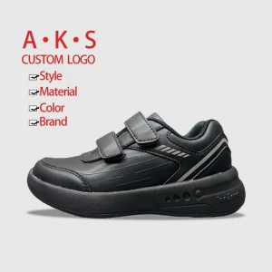 AKS Factory Black Shoes for School Kids Girls Custom Casual Shoes Children Slip on PU Waterproof Boys Sports Shoes
