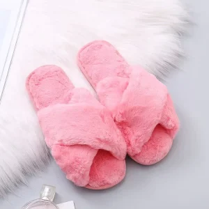 Adult Size Women Bedroom Furry Slippers Winter Indoor Home Shoes Non Slip Thick Sole Simple Ladies Fur Slides