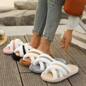 Adults’ Plush Slippers Cross Strap Splicing Warm Casual One-Piece Design Light Weight Anti-Slip Comfortable Fur