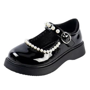 Ailin Baby Kids Girls Princess Mary Jane Slip On Round Toe Light Black PU Leather Dress Shoes