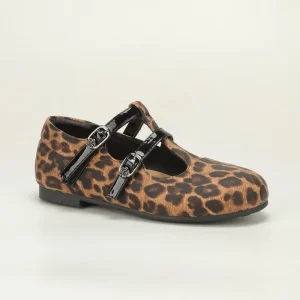 American Leopard T-Strap Double Buckle Girls Flat Mary Jane Shoes Gloss Adjustable Buckle Round Toe Daily Casual Kids Flats