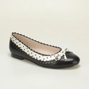 American Vintage Sweetheart Black White Polka Dot Round Toe Flats Polka Dot Bow Scalloped Edge Daily Commute Slip On Shoes