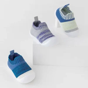 Anti-Slip Embroidery Logo Toddler Sock Shoes Baby Cotton Knitted Rubber Sole Soft Pre-Walker Slippers for Boys Girls