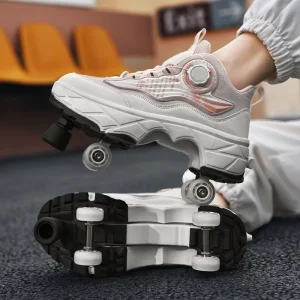 Auto Lacing Retractable Roller Skate Shoes Breathable Convertible Sneakers With 4 Hidden Wheels Pink Quad Skates For Sports