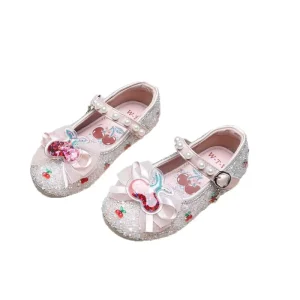 Autumn Children Girls New Bow Cute Princess Crystal Shoes Kid Toddler Students Fashion All match Square Mouth Flat Shoes