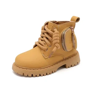 Autumn Children Leather Platform Short Boots Kids Shoes for Boys Girl Fashion Solid Color Round-toe Zipper Bag Ankle Boots