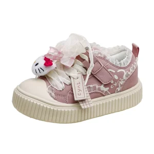 Autumn Girls’ Microfiber Leather Sneakers for Teens Students Cartoon Mesh Gauze Lace Low Top Running Casual Shoes for Kids