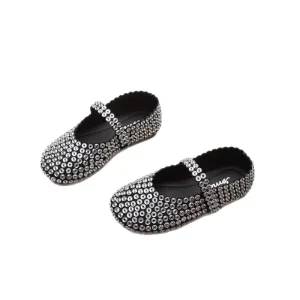 Autumn Girls Single Shoe All Matched Leather Ballet Flats Full Diamond Hollow Design Square Mouth Kid Toddler Baby Princess