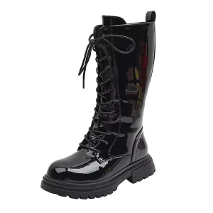 Autumn Kids Long Boots for Girls Rubber Knee-high ZIP Children’s Motorcycle Boots Girls Leather Boots