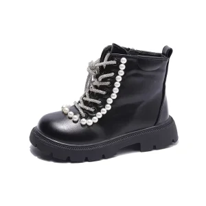Autumn Kids Soft Leather Platform Short Boots Pearl Round Toe Children Princess Ankle Boots Plush Non-slip Botas