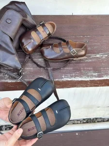 Autumn New Arrival Female Childrens Korean Style Western Style Non slip Ankle Velcro Fake Split Toe Loafers