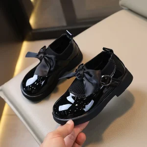 Autumn New Bow Bright Leather Low Boots for Girls Breathable Children’s Shoes for Kids
