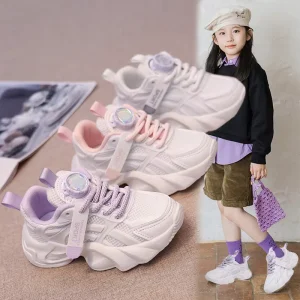 Autumn New Girls Sports Shoes With Double Mesh And Buckle Strap Closure White Breathable Large Children’s Knob Shoes