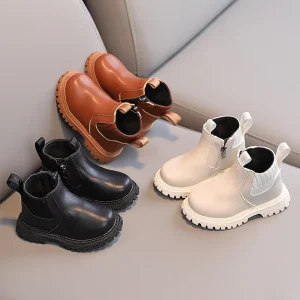 Autumn New Kidsren’s Fashion British Short Boots Boys’ Side Zipper Fashion Boots Girls’ Soft-Soled Fashion Boots Winter Rubber
