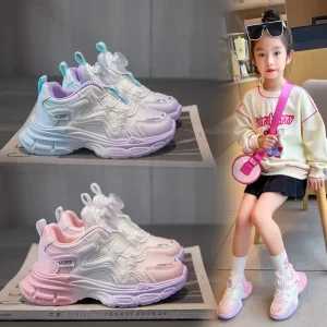 Autumn New Style Girls’ Gradual Change Leather Sneakers Button Shoes Solid All-match Trendy Casual Shoes For Middle Large