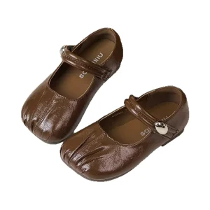 Autumn Princess Flats for Girls Kids and Toddlers Soft Leather Square Toe Single Shoes with Metal Button Pleats Casual Style