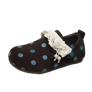 Autumn Princess Single Flats Shoes for Girls Kids Toddlers Cute Polka Dot Lace Decoration Cow Fiber Velvet Upper Mary Jane Flat