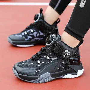 Autumn Spring Children’s Basketball Shoes with Lace Up Closure Mesh Breathable Round Toe Sports Shoes Rotating Buckle