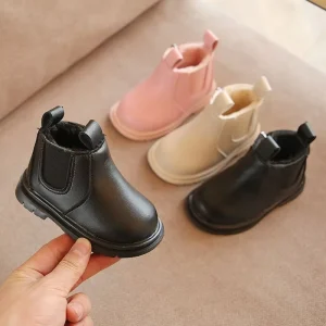 Autumn Winter Baby Kids Boots Leather Plus Fleece Thickened Ankle Boots Baby Girls Waterproof Outdoor Warm Shoes