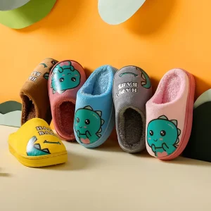 Autumn Winter Boys Girls Kids Indoor Home Cute Cartoon Non Slip Dinosaur Artificial Woolen Slippers Toddler Sandals