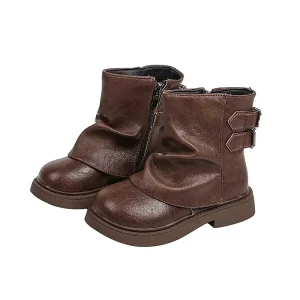 Autumn Winter Children Boys Girls Round Toe Platform Warm Plush Ankle Leather Boots Kids Toddler Fashion Knight Boots