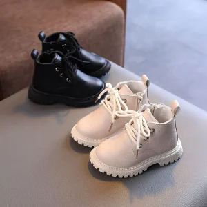 Autumn Winter Children’s Boots Leather Ankle Boots for Boys Girls Simple Single Zip Closure Boots Rubber