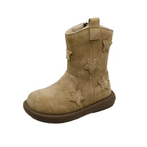 Autumn Winter Children’s Boys Girls Star Middle Calf Genuine Leather Low Heel Short Boots Kids Toddler Outdoor Flats Boots