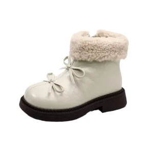 Autumn Winter Children’s Girls Fashion Middle Calf Princess Plush Warm Boots Kids Toddler High Top Bowtie Platform Leather Boots