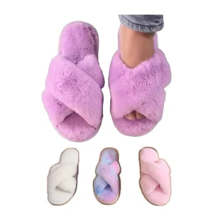 Autumn Winter Cross Band Plush Slippers Warm Cotton Slides with Open Toe Fluffy Fur Style for Girls Indoor House Shoes