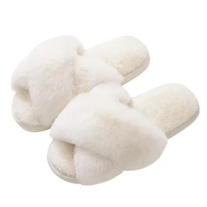 Autumn Winter Cross Straps Plush Slippers Warm Cotton Slides with Open Toe Fluffy Fur Style for Girls Indoor House Shoes