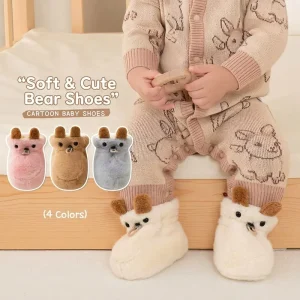 Autumn Winter Faux Fur Crew Baby Booties Cute 3D Plush Bear Slipper Socks Breathable Soft Sole Warm Toddler Adjustable