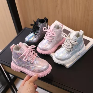 Autumn Winter Girls Boots PU Leather Princess Shoes Kids Bling Bling Shoes