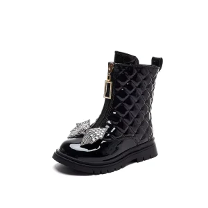 Autumn Winter Girls Boots with Bowknot PU Leather Princess Shoes Kids Party Shoes