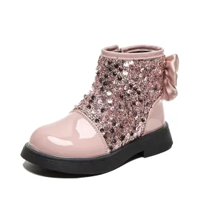 Autumn Winter Girls Boots with Sequin PU Leather Princess Bling Bling Shoes Kids Party Shoes