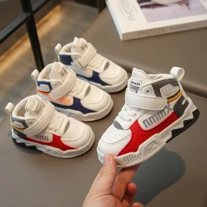 Autumn Winter High Top Sneakers for Kids Boys’ Casual Basketball and Running Shoes with Soft Leather Sole and Mesh Fashion Element