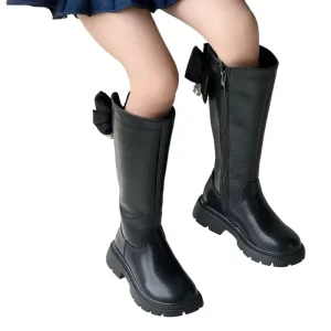 Autumn Winter Kid Toddler Bow Genuine Leather Knee-High Boots Girls’ Thick Bottom Anti-Slip Shoe with Zip Closure
