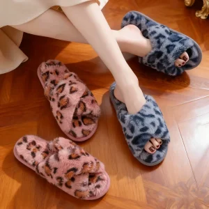 Autumn Winter Leopard Print Artificial Rabbit Fur Home Women’s Slippers Open Toe Warm Fluffy Soft Non Slip Outdoor Female Shoes
